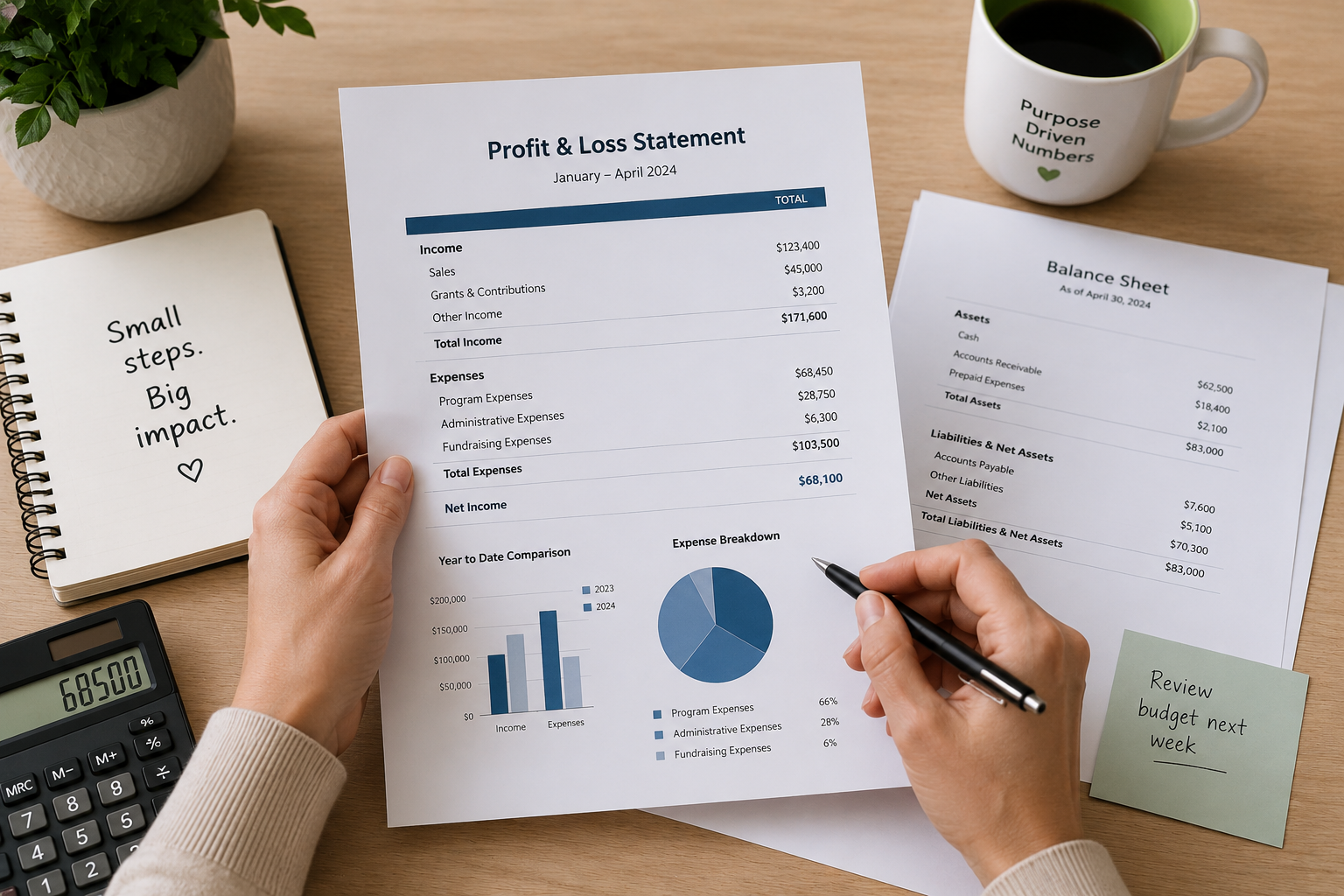 Calendar with one date circled, or someone reviewing a printed financial report with a pen.
